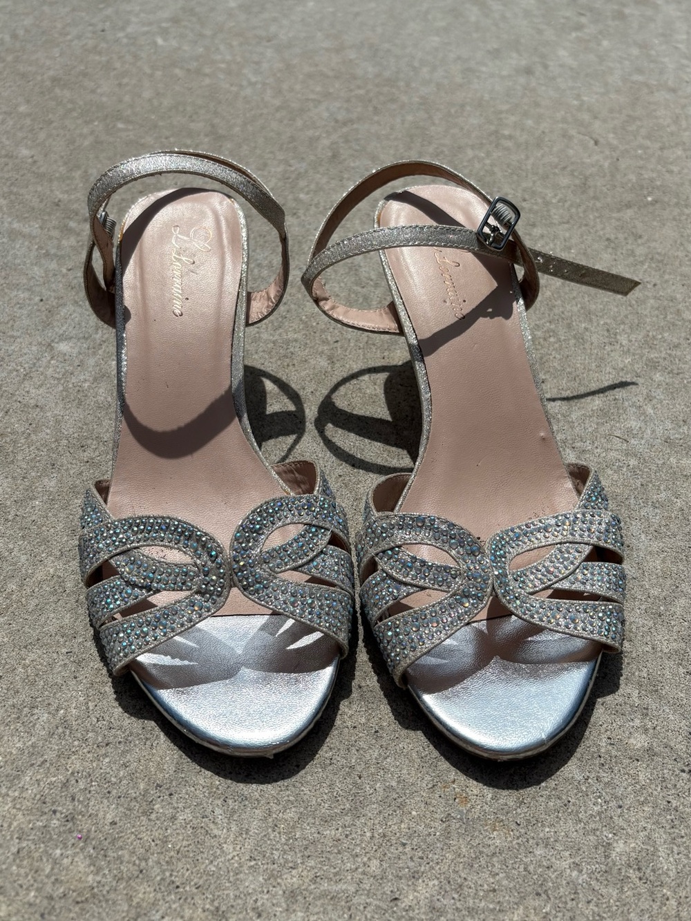 LuluTown Rhinestone Ankle Strap Heels | Champagne Silver Glitter | Size 9